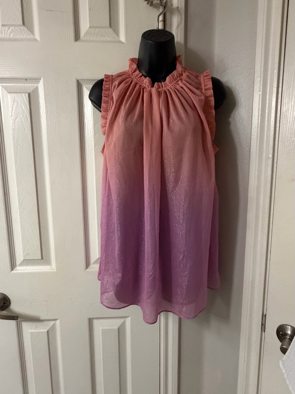 Maison d'Amelie Paris sleeveless, ruffled blouse featuring a sheer ombre design
